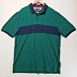 Tommy Hilfiger Men's XXXL Slim Fit Green Striped Big Spell Out Polo Shirt 3XL
